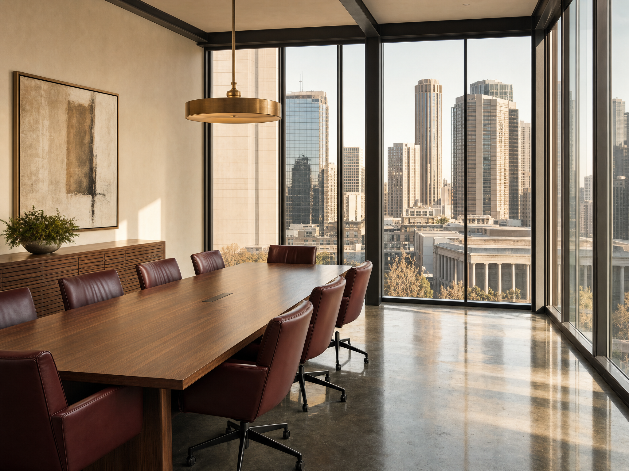 Sala de reunião de escritório de advocacia com mesa de nogueira e parede de vidro voltada para a cidade